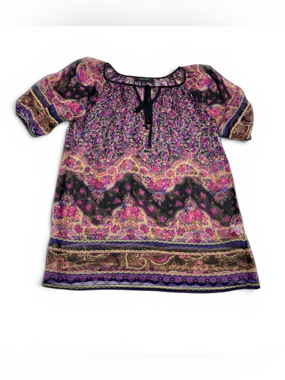 Karen Kane Silk Peasant Blouse Tassel Toe Boho Lightweight Floral Tunic Top S